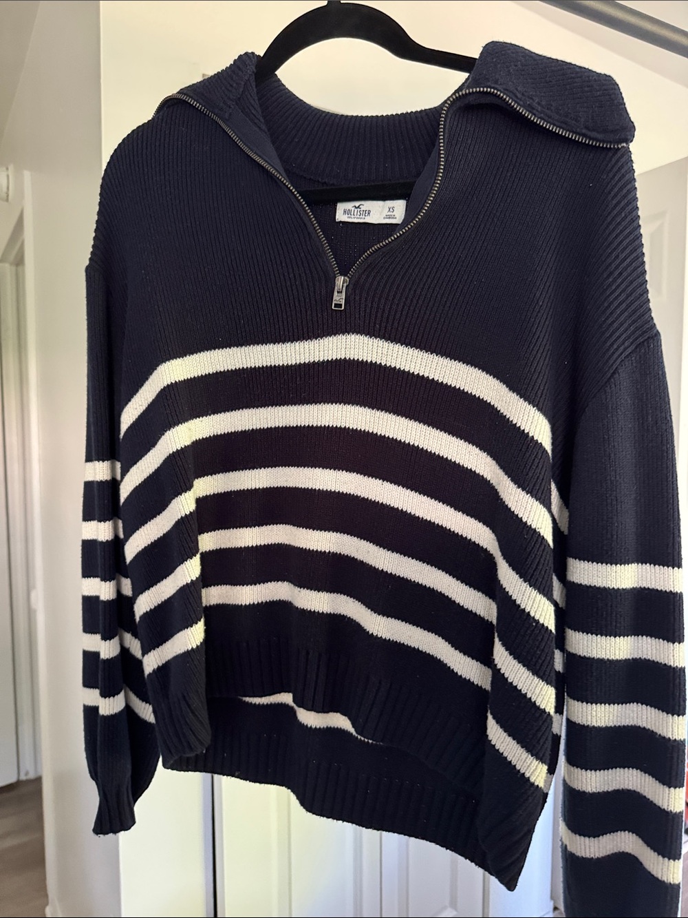 Hollister Navy & White Striped Half-Zip Pullover Sweater
